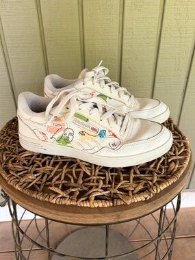 Reebok Club C 85 White Graphic Face Line Art Sneakers FU6817 Womens Size